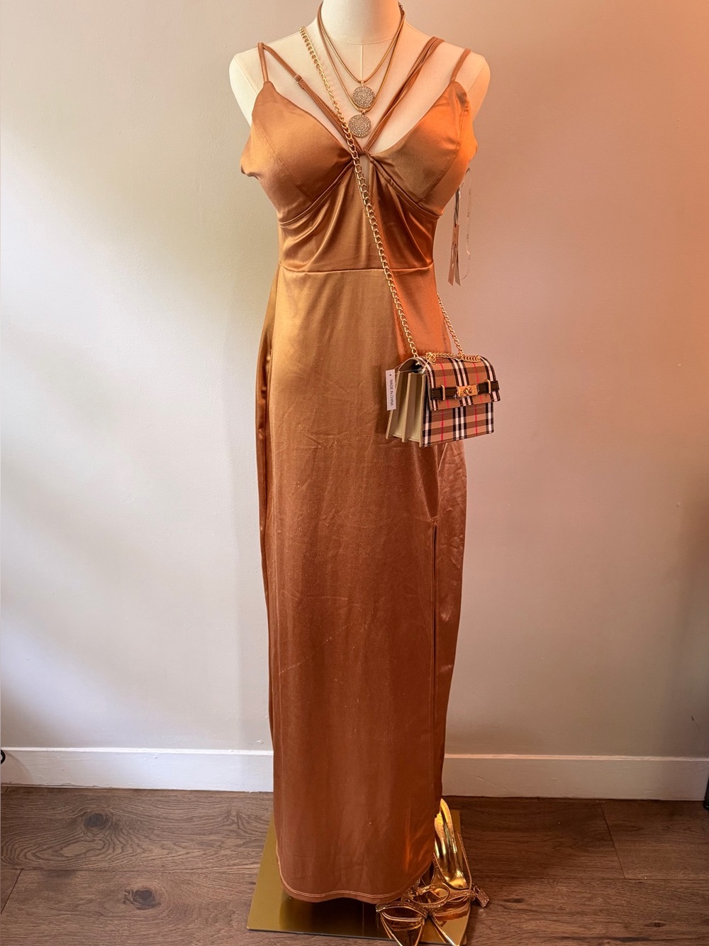 Satin Slip Maxi Dress in Copper